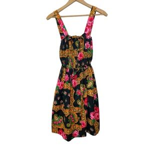 Vintage 70s printed Dress XS Knee Length Paisley Rose Button Front A Line